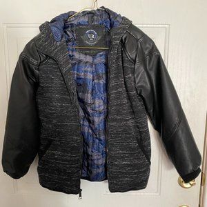 Urban Republic Boys Dark Gray Faux Leather Sleeves Hooded Jacket M 10/12